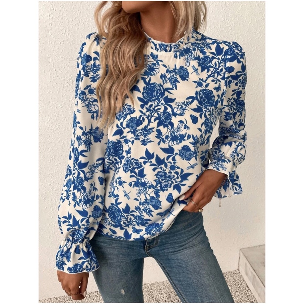 Boho Floral Print Ruffle Sleeve Blouse - Picture 6 of 8
